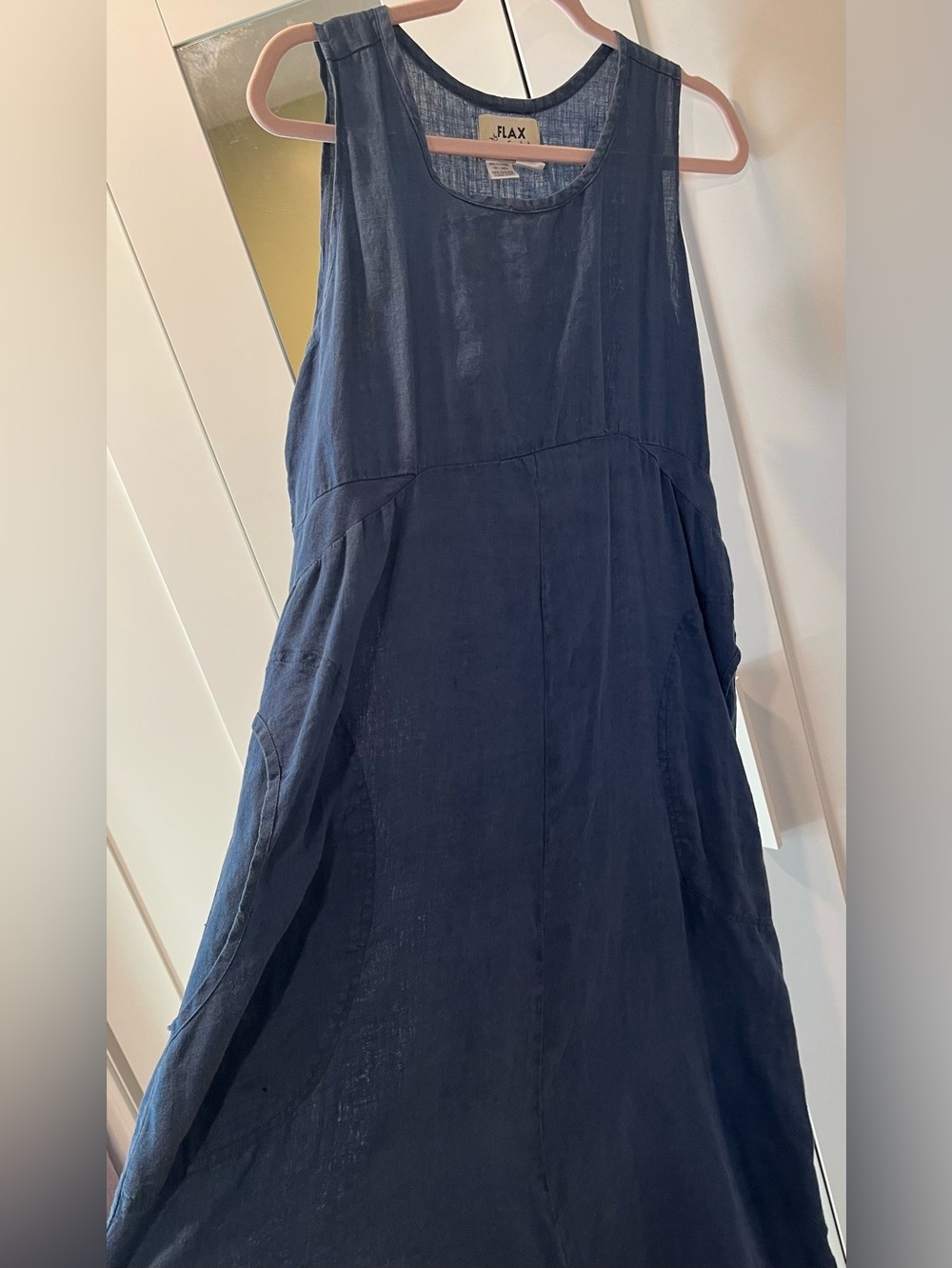 Flax by Jeanne Englehart*100% Linen* Sleeveless Navy Blue Maxi Dress w pockets